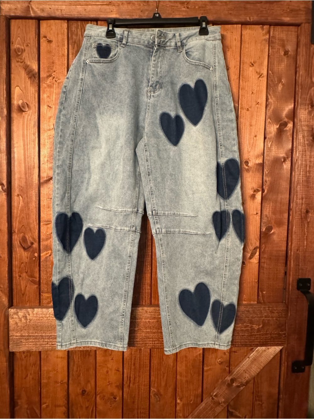 Light Wash Boyfriend Jeans with Navy Heart Appliqués